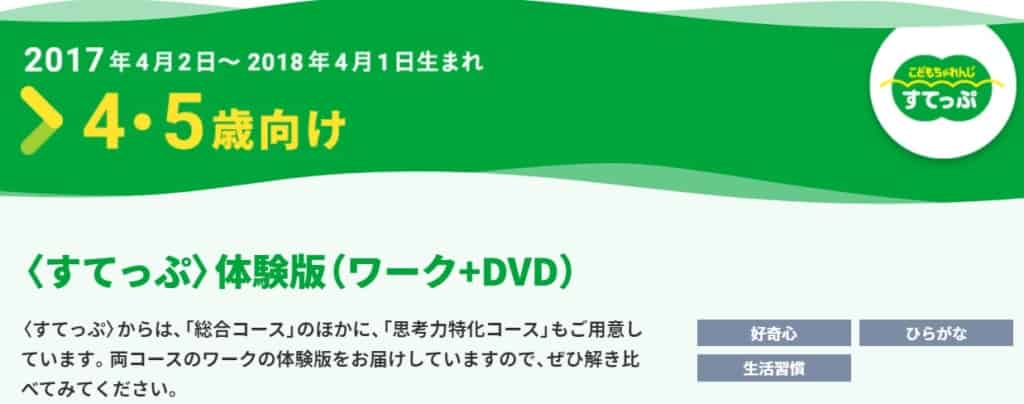 資料請求すると、年齢別の無料体験教材がもらえる