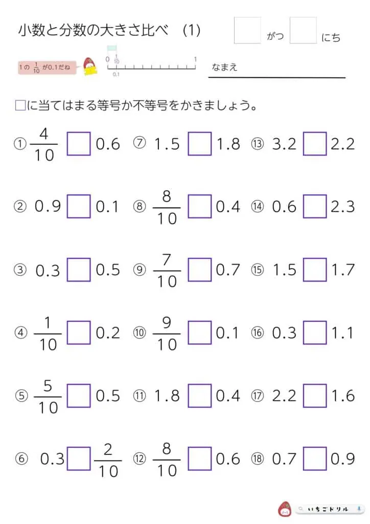 小3算数｜分数の大きさ比べプリント②小数と分数の大きさ比べ